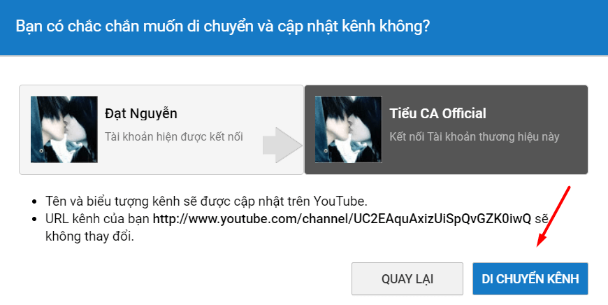Xác nhận chắc chắn Di chuyển kênh Youtube